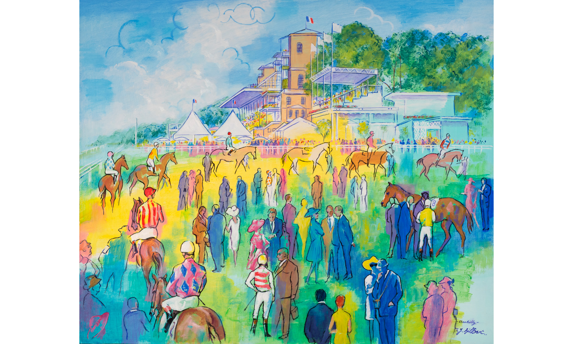 Chantilly Horse Racing Painting by Terence J Gilbert Oil on Board