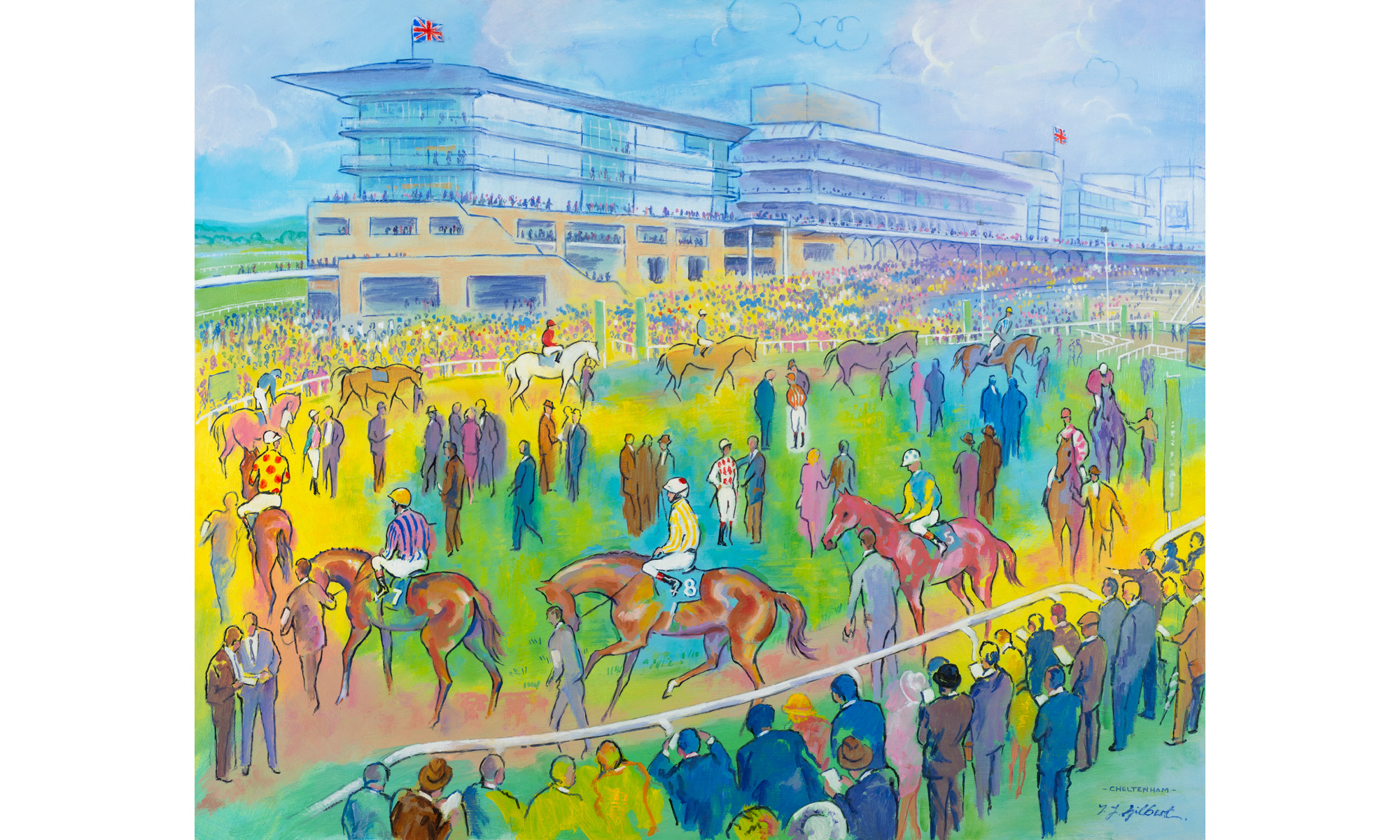 Cheltenham Horse Racing Painting by Terence J Gilbert Oil on Board