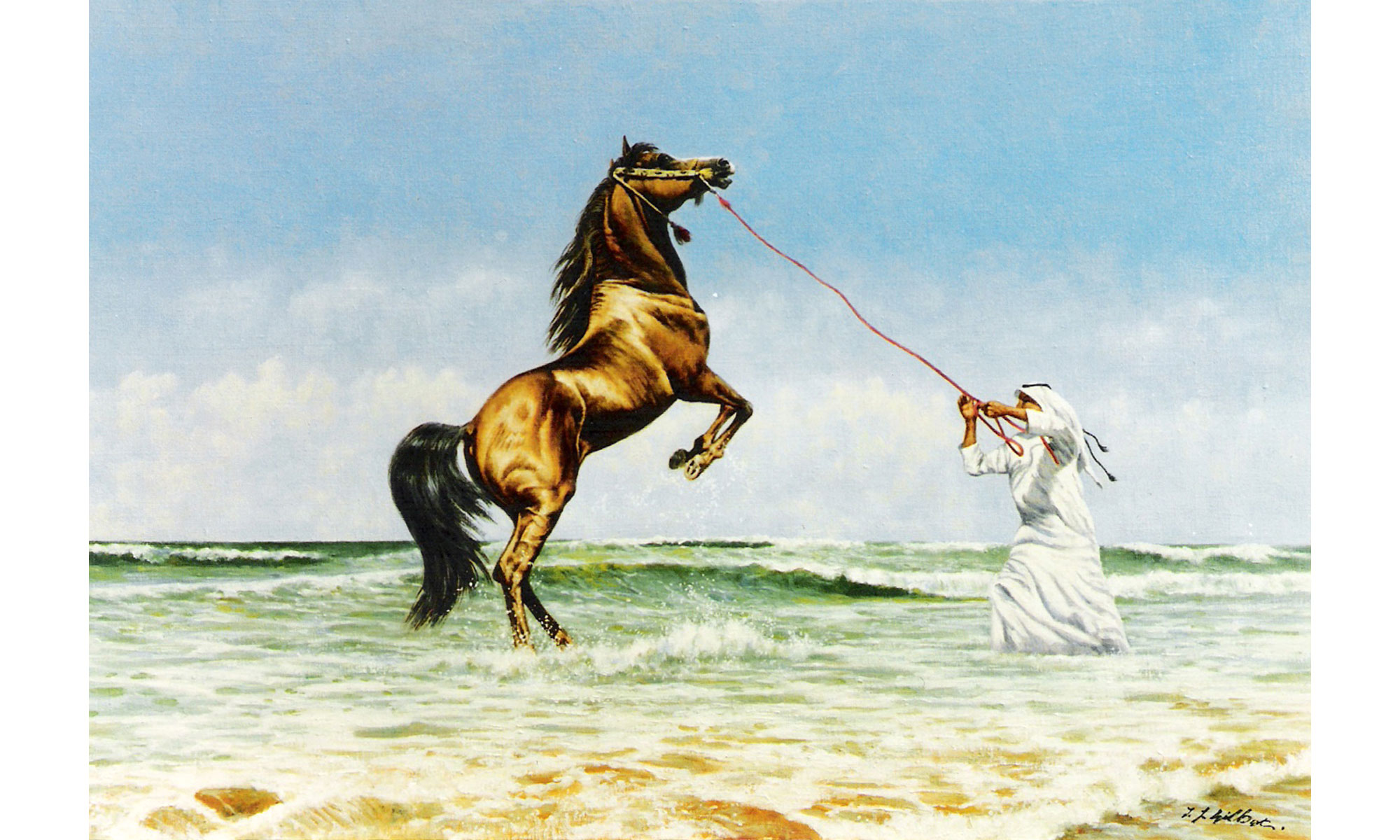 Exercise Arab Horse Painting by Terence J Gilbert Oil on Board
