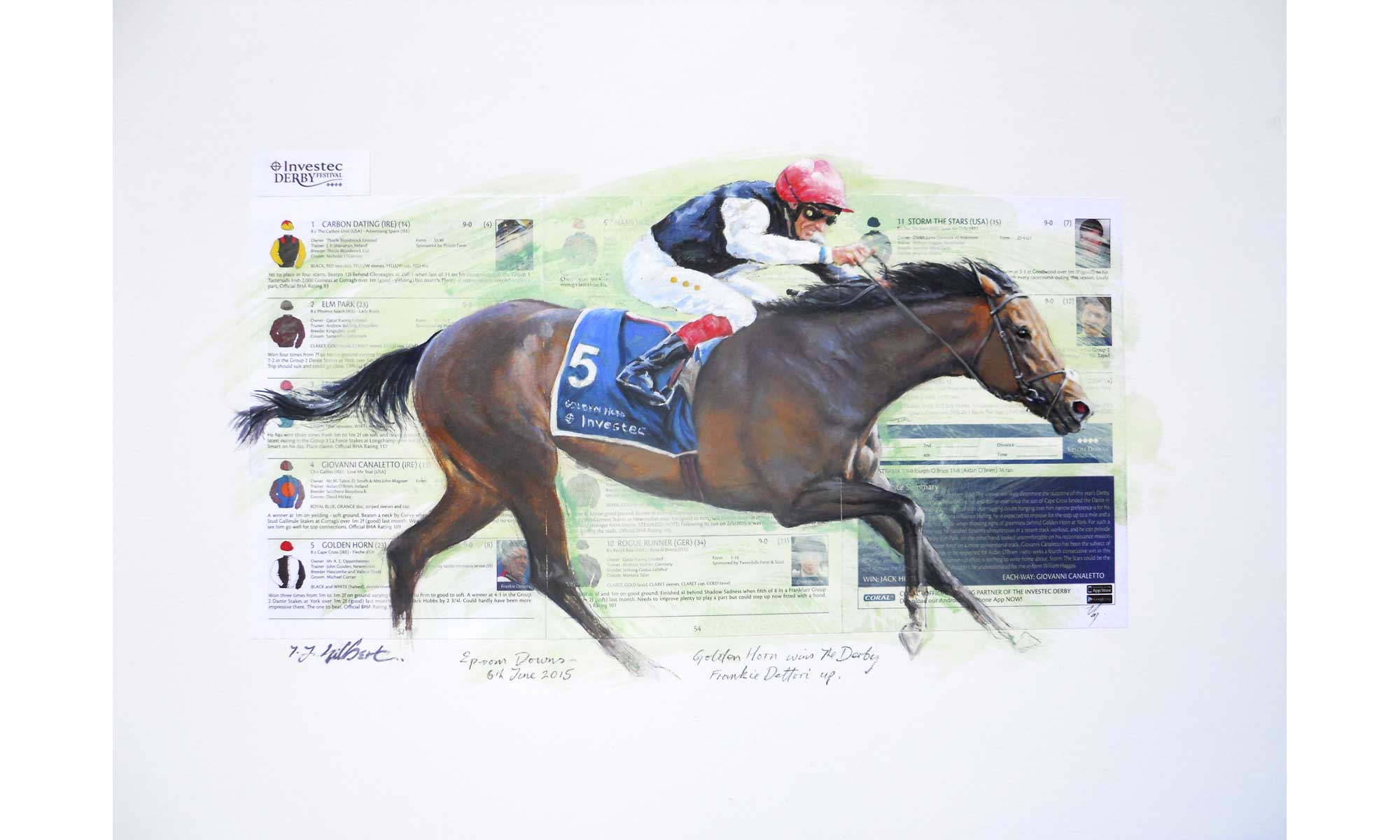 Golden Horn Horse Racing Painting by Terence J Gilbert Oil on Board