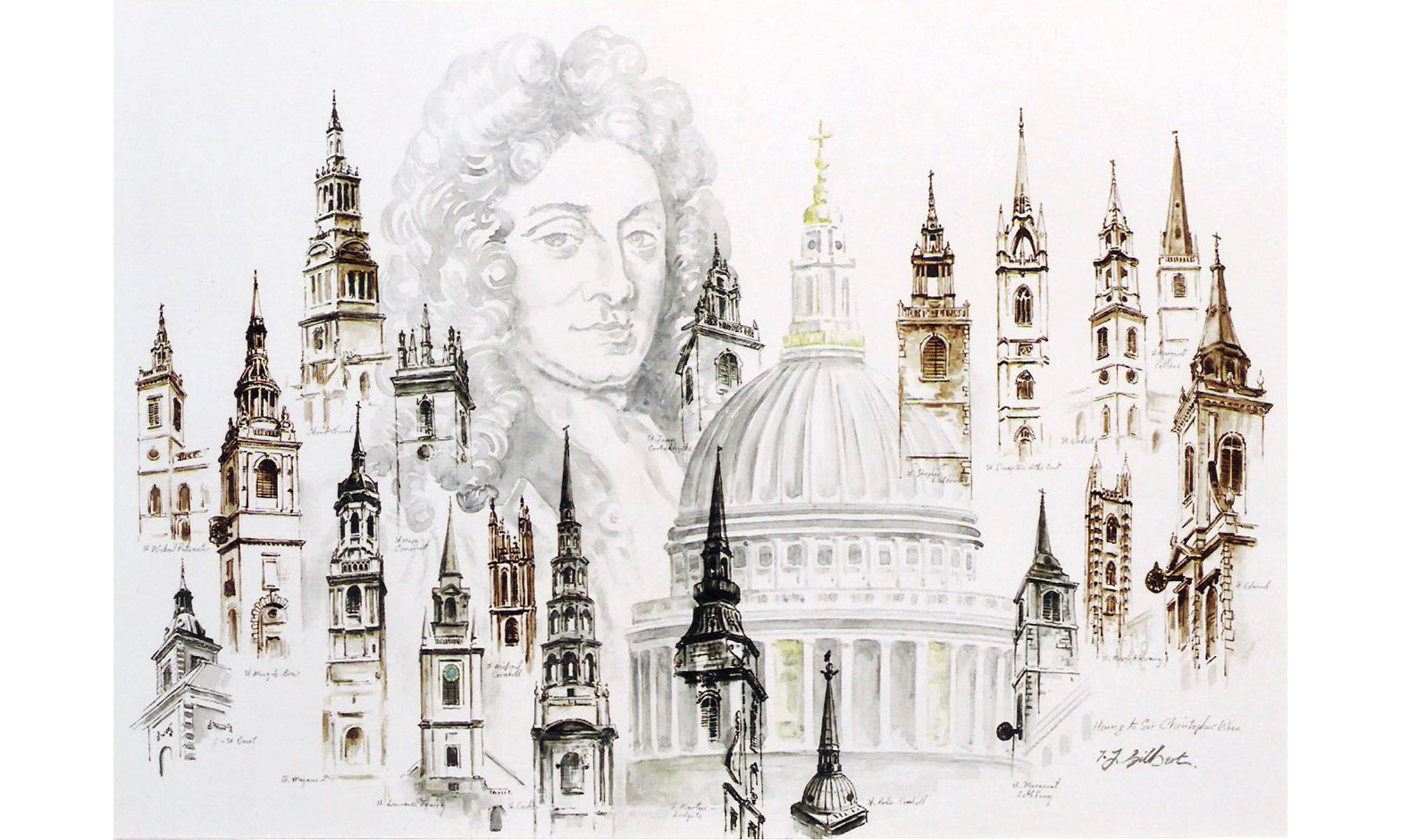 Homage To Wren by Terence J Gilbert Ink and Wash