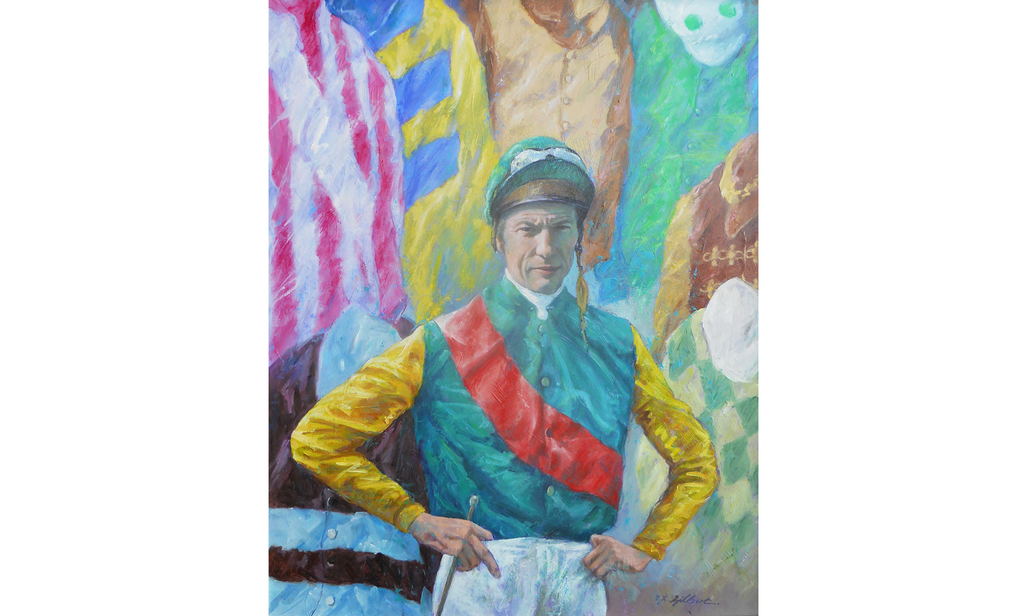 Lester Piggott Jockey Horse Racing Painting by Terence J Gilbert Oil on Board