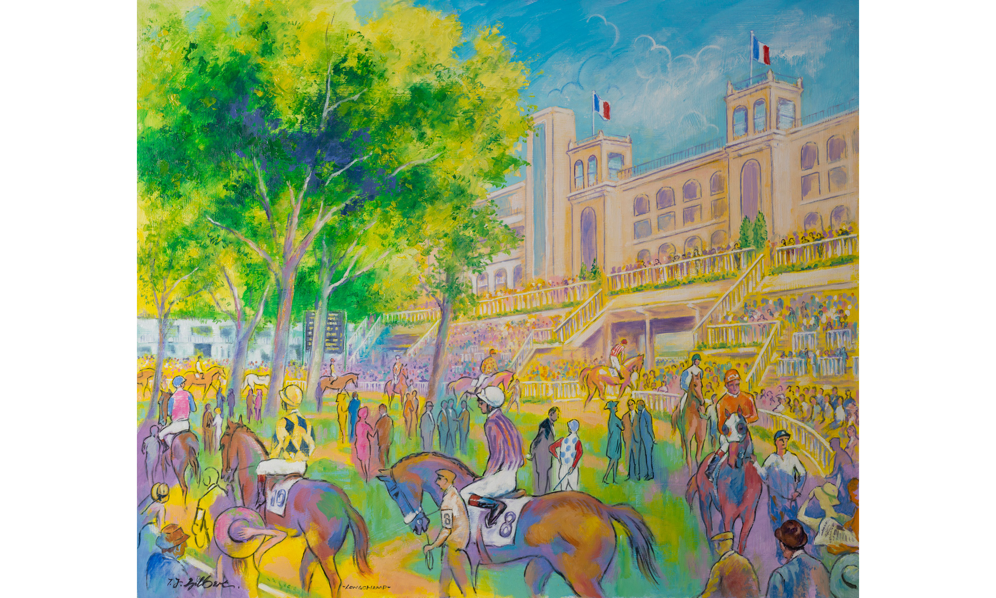 Longchamp Racing Painting by Terence J Gilbert Oil on Board