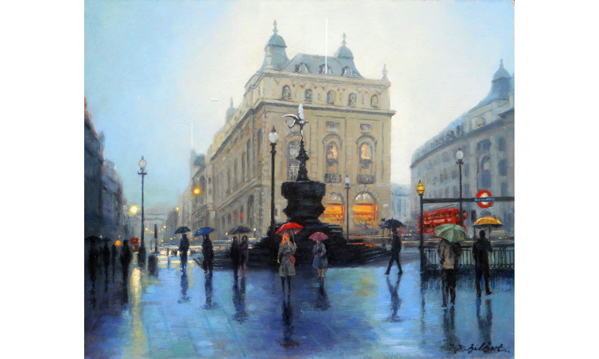 Piccadilly, Rain Painting by Terence J Gilbert Oil on Board