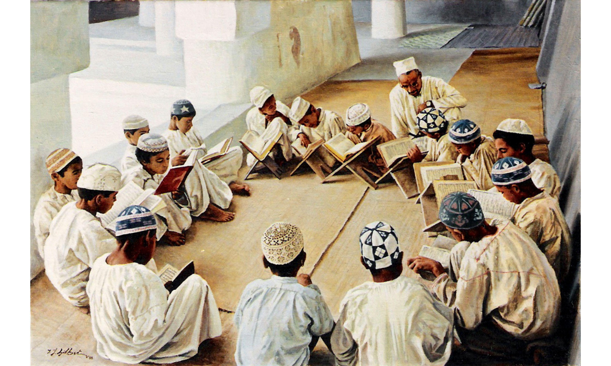 Reading The Koran Painting by Terence J Gilbert Oil on Board