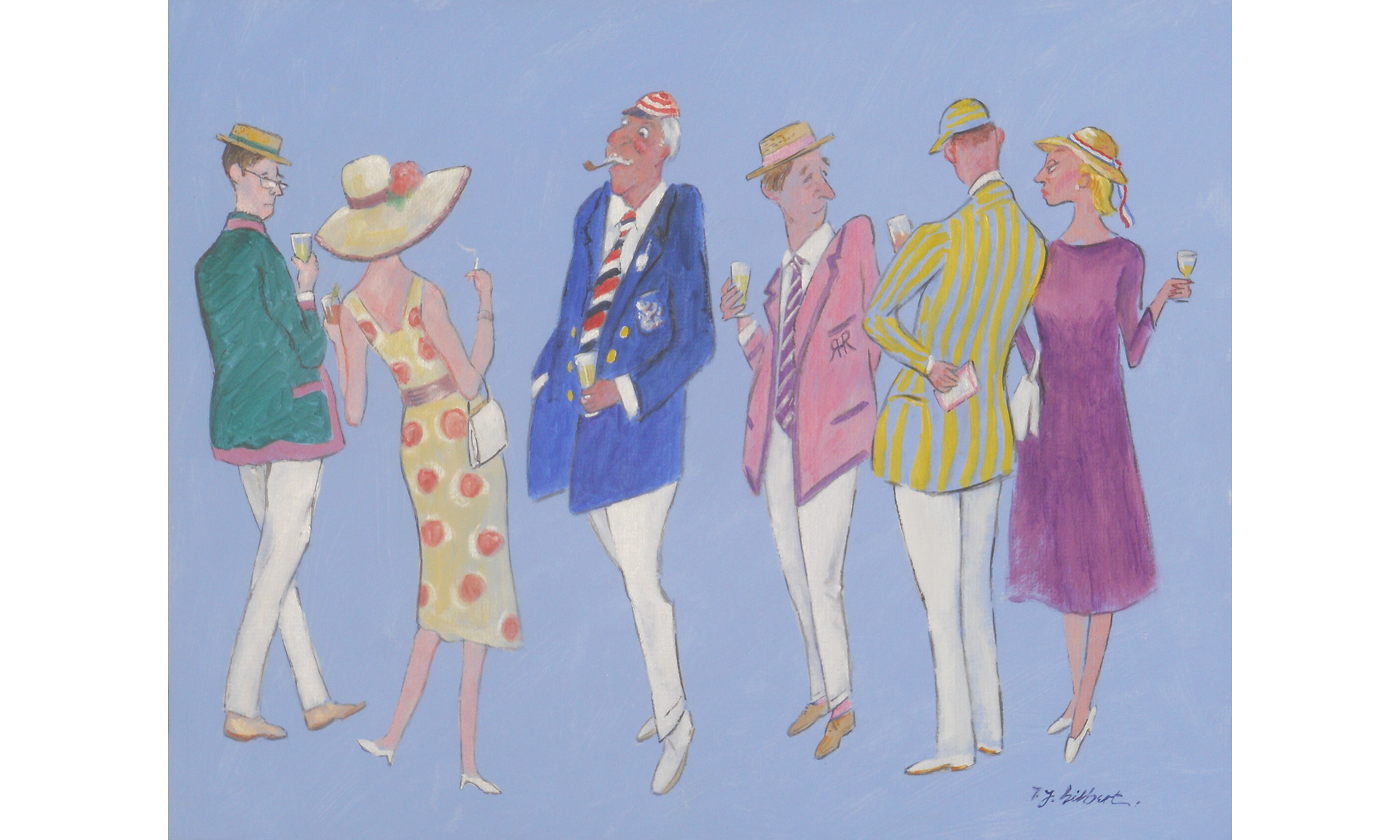 Henley People Painting by Terence J Gilbert Oil on Board