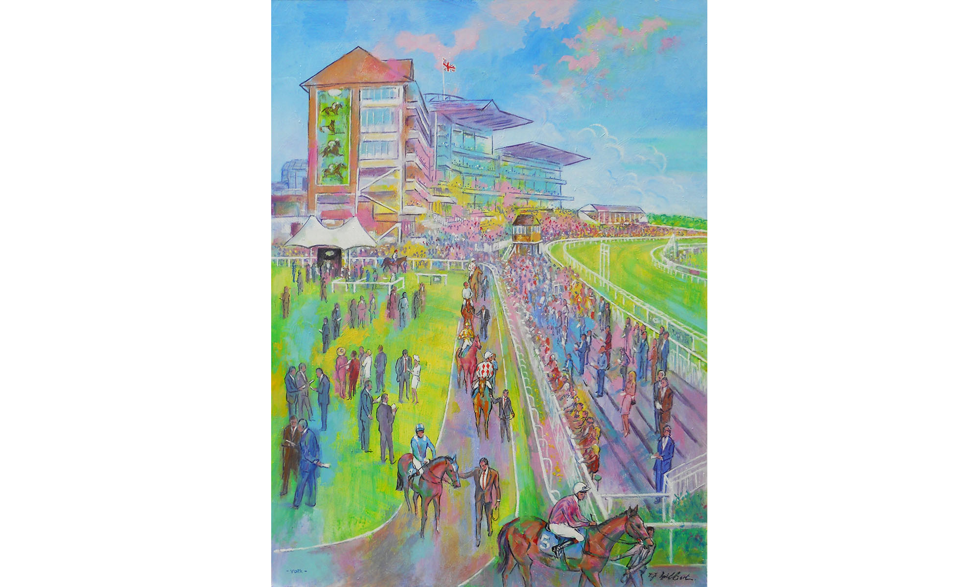 York, Paddock Horse Racing Painting by Terence J Gilbert Oil on Board
